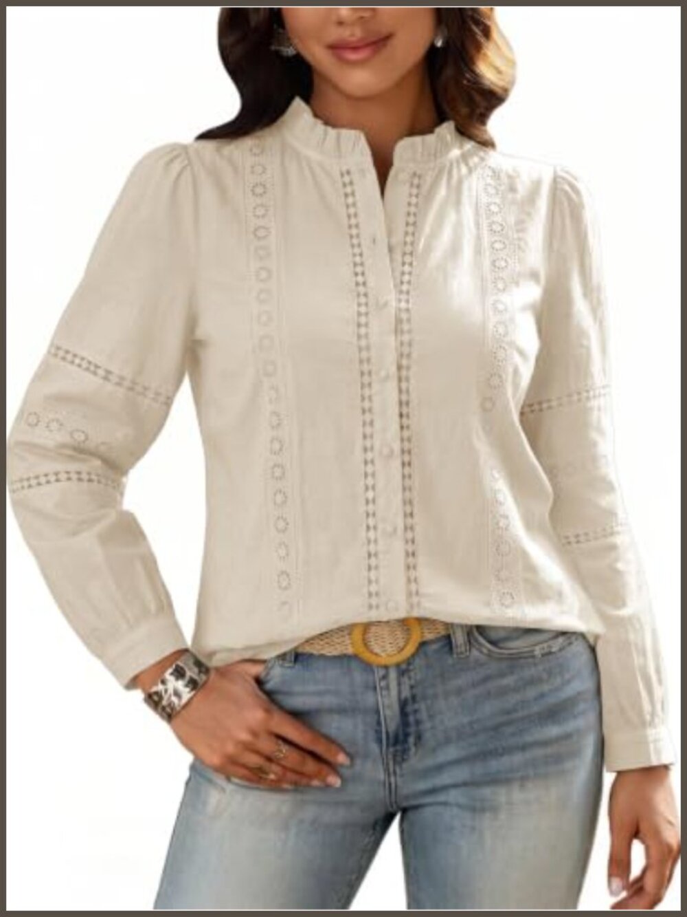 100% Cotton Eyelet Boho Button Down Blouse Lantern Sleeve Ruffle Collar